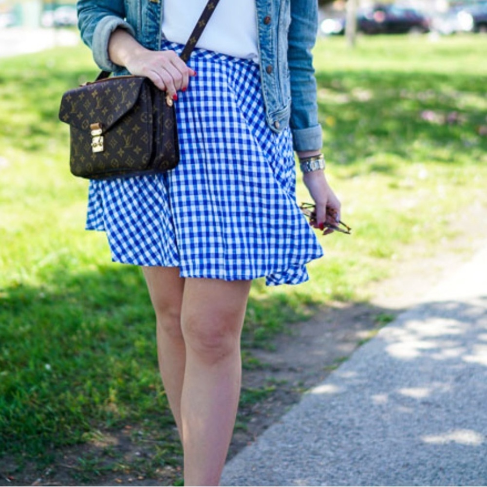 J.Crew Pleated Linen Gingham Mini Skirt Blue White Size